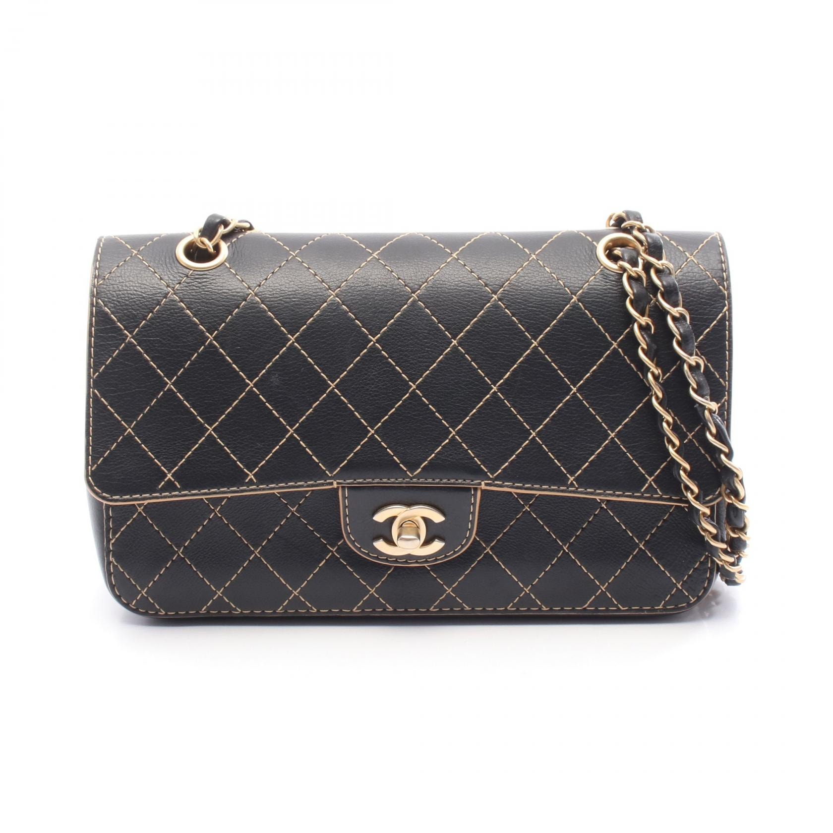 シャネル CHANEL マトラッセ Wフラップ ショルダーバッグ バッグ レザー レディース ブラック系 【中古】