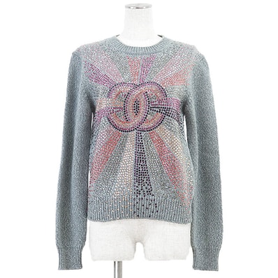 【新品同様】CHANEL シャネル セーター LOOK27 P73896 2022AW レディース 36 COCOマーク ラインストーン カシミヤ100% メランジ ミドルゲージ ニット プルオーバー クルーネック ロングスリーブ 丸首 長袖 ブルーグレー