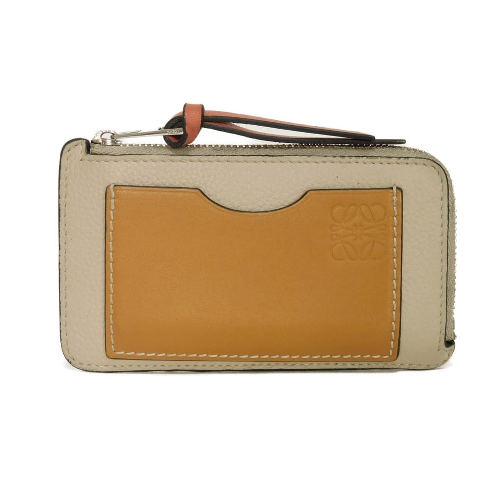 LOEWE ロエベ コイン カードホルダー 現行 グレイン カーフ ハニー トリオカラー グレージュ ピンク ブラウン L字ファスナー フラグメントケース アナグラム エンボス ライトオーツ コインケース C660Z40X04