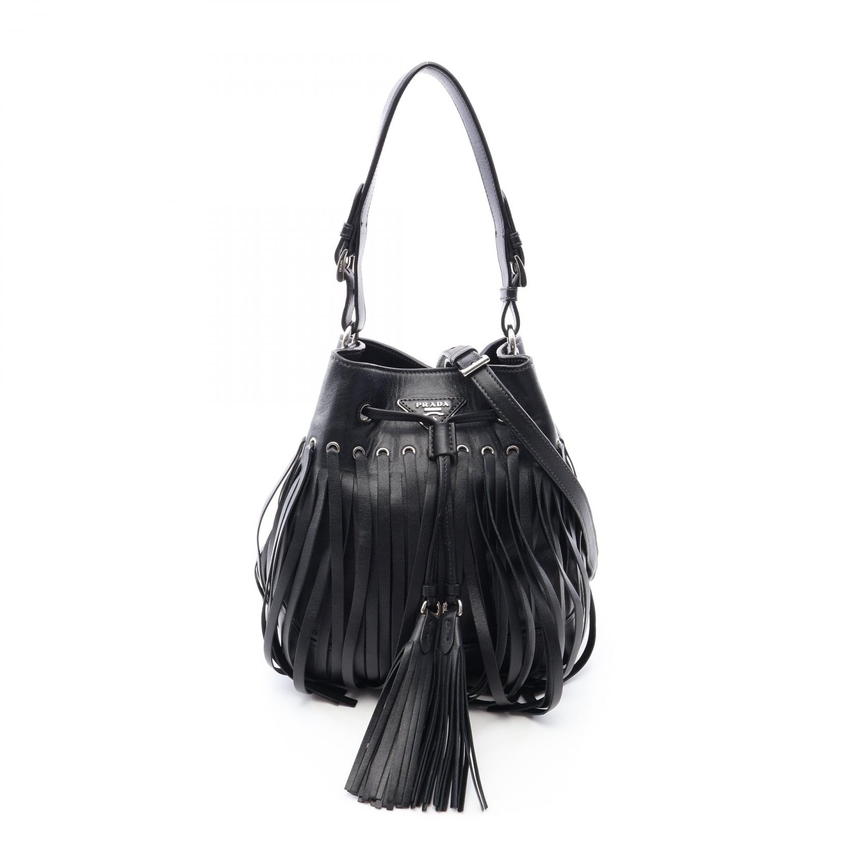 プラダ PRADA トライアングルロゴ フリンジ 2WAY ハンドバッグ バッグ レザー レディース ブラック系 【中古】