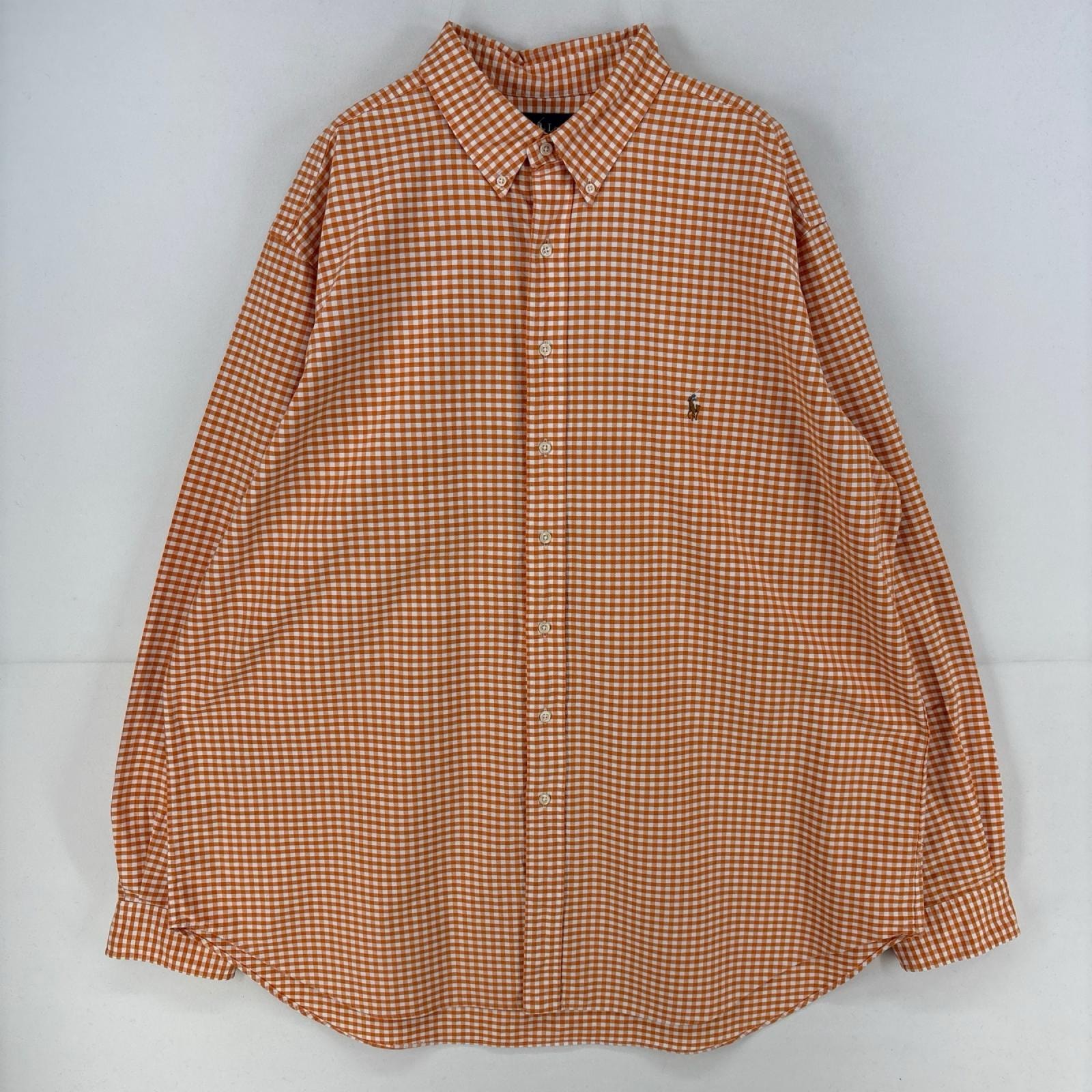古着 ラルフローレン RALPH LAUREN 長袖シャツ ワンポイント ボタンダウン 刺繍 大きいサイズ ビッグ 2XL オレンジ チェック メンズ