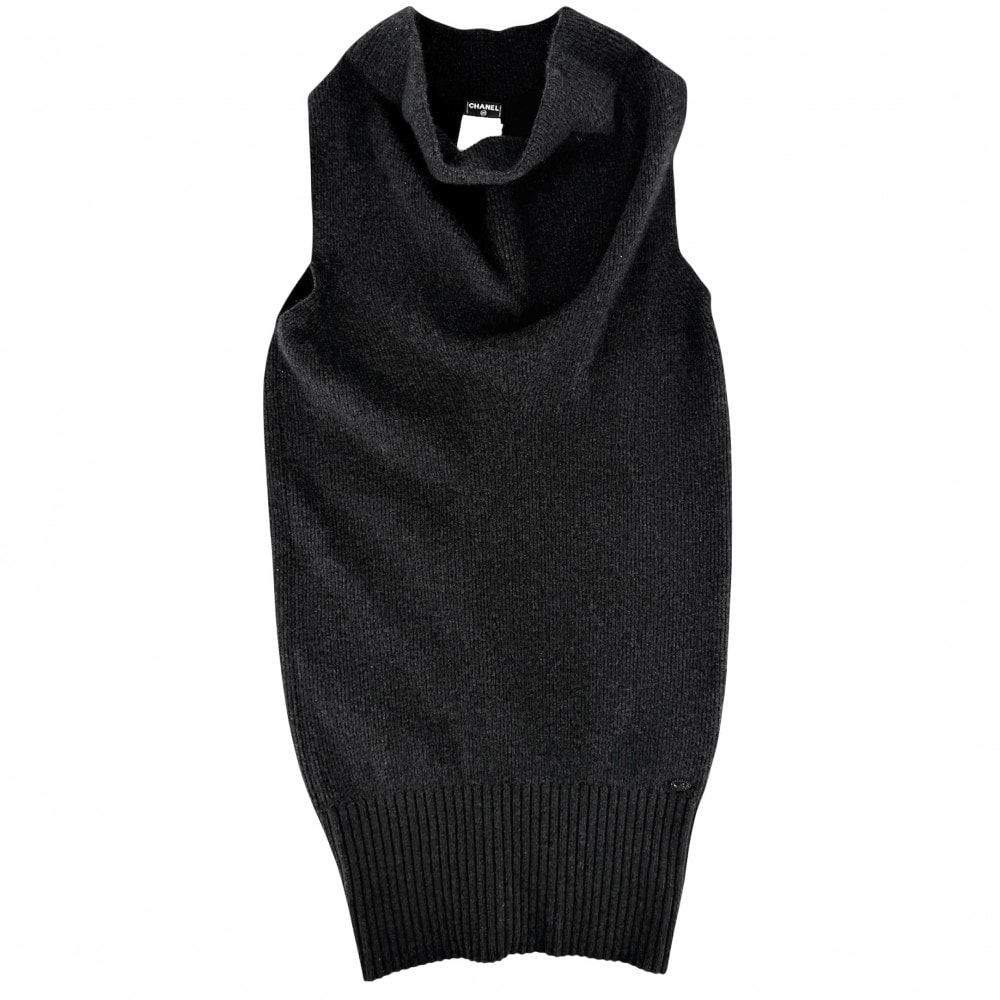 CHANEL シャネル ワンピース ニット ノースリーブ オフショルダー アパレル 服 36 ダークグレー ウール オッポサム シルク スパンデックス レディース 秋 美品 2008年【中古品】