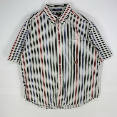 古着 トミーヒルフィガー TOMMY HILFIGER 半袖シャツ ワンポイントロゴ刺繍 ボタンダウン L ホワイト系 ストライプ メンズ
