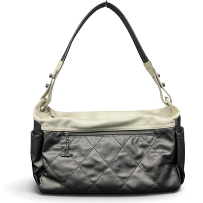 CHANEL 希少 美品 シャネル パリビアリッツ ワンショルダーバッグ A34206 コーティングキャンバス レザー 11番台シリアル セミショルダー 肩掛け ハンドバッグ シルバー ココマーク ABランク 鑑定済 中古 シャネルバッグ