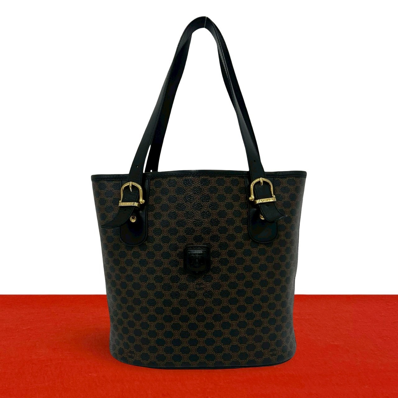 CELINE セリーヌ マガダム ブラゾン トリオンフ 柄 ロゴ レザー PVC トートバッグ ブラック
 26218