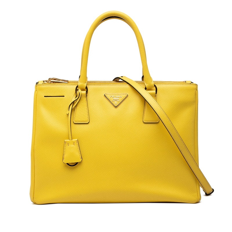 プラダ サフィアーノ 三角ロゴプレート ガレリア ハンドバッグ ショルダーバッグ 2WAY イエロー レザー レディース PRADA 中古