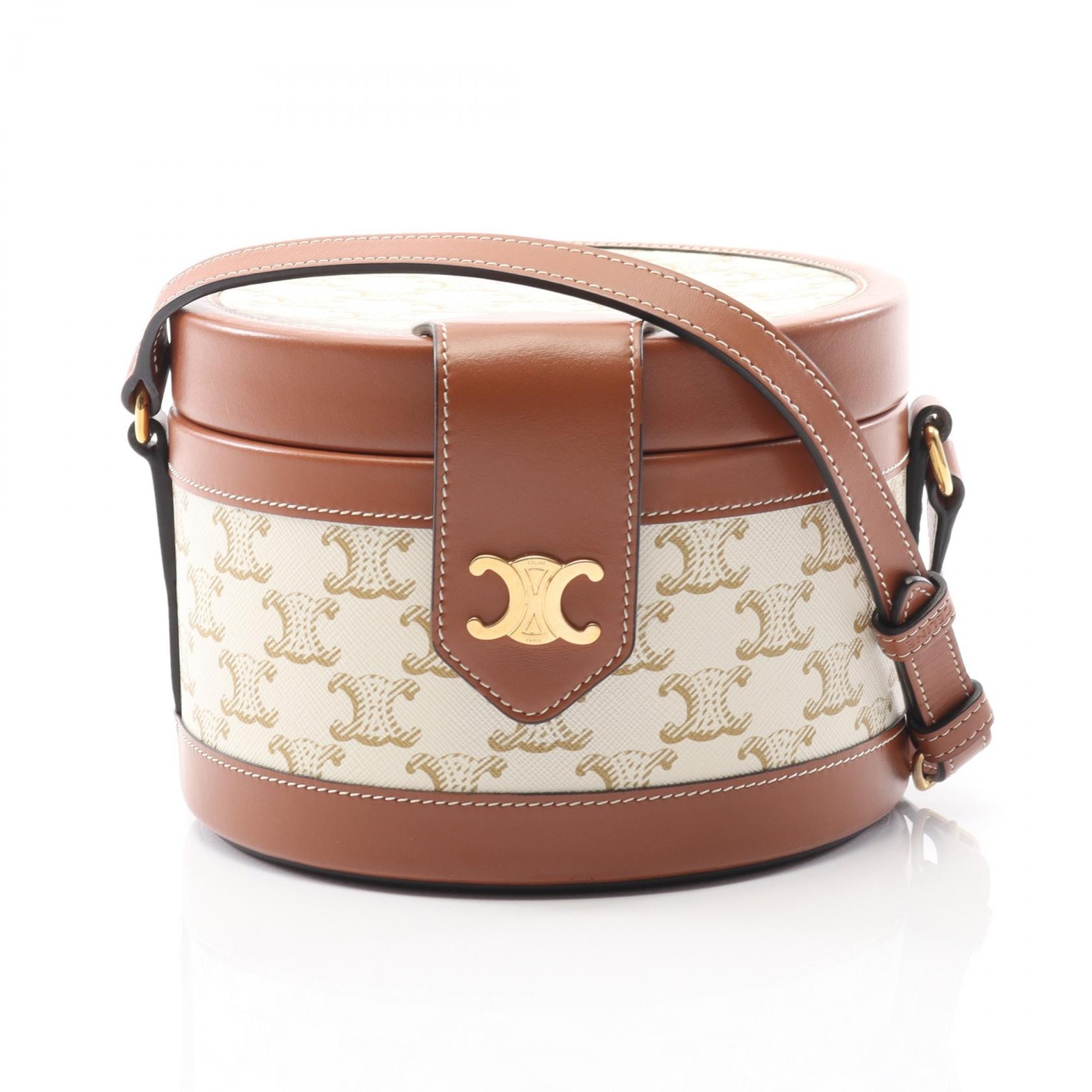 セリーヌ CELINE タンブール ミディアム トリオンフ ショルダーバッグ バッグ PVCコーティングキャンバス レザー レディース ホワイト系 / ブラウン系 【中古】