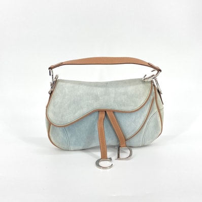 Christian Dior(クリスチャンディオール) ヴィンテージ ダブルサドルバッグ デニムキャンバス レザー ショルダーバッグ ブルー×ブラウン