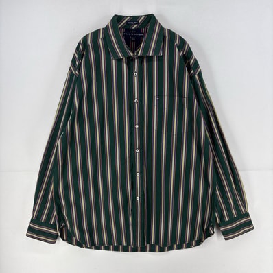 古着 トミーヒルフィガー TOMMY HILFIGER 長袖シャツ 大きいサイズ ワンポイント ロゴ 刺繍 2XL グリーン系 ストライプ メンズ