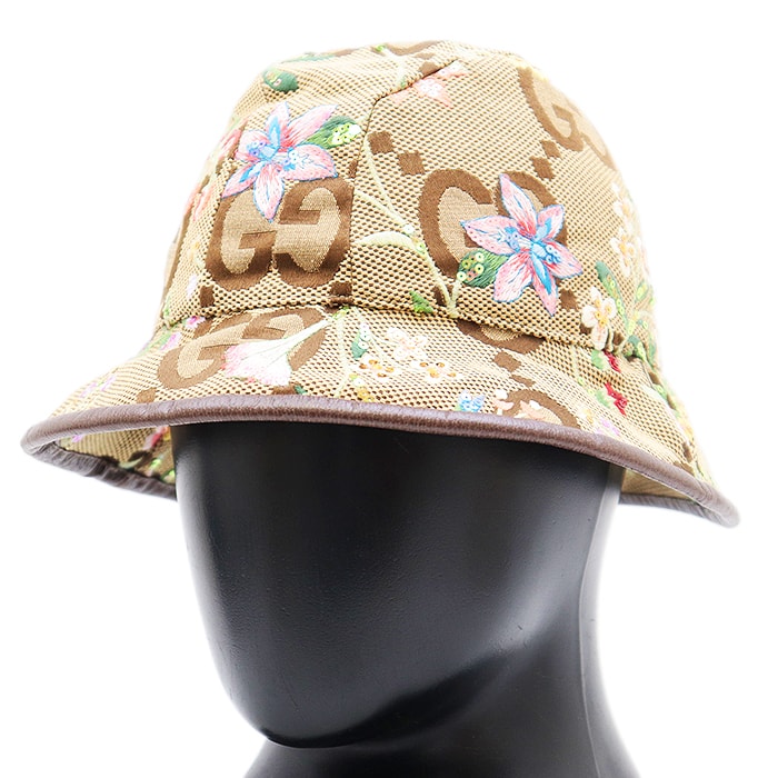 新品同様 グッチ バケットハット ジャイアントGG 総柄 花柄スパンコール 帽子 レディース ブラウン マルチカラー L GUCCI