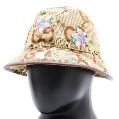 新品同様 グッチ バケットハット ジャイアントGG 総柄 花柄スパンコール 帽子 レディース ブラウン マルチカラー L GUCCI