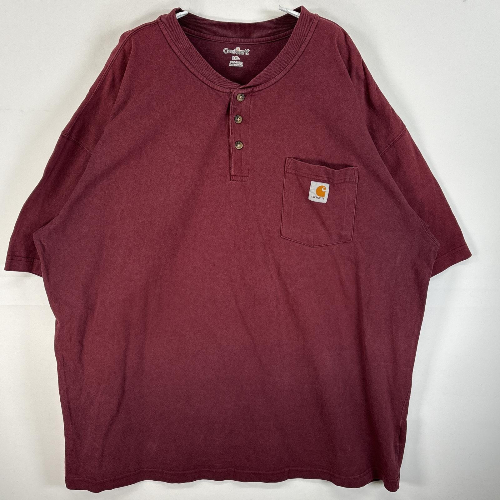 古着 カーハート Carhartt 半袖Tシャツ ワンポイント ロゴ ヘンリーネック 大きいサイズ 2XL  ワインレッド 無地 メンズ