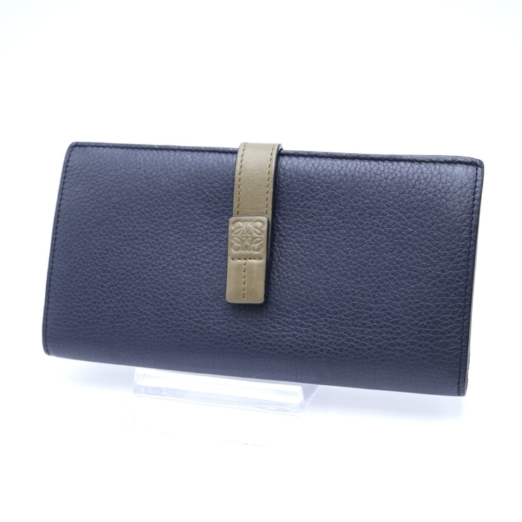 LOEWE(ロエベ)バーティカル ウォレット ラージ 長財布 二つ折り レザー ネイビー×カーキ シルバー金具 062420 レディース【中古】