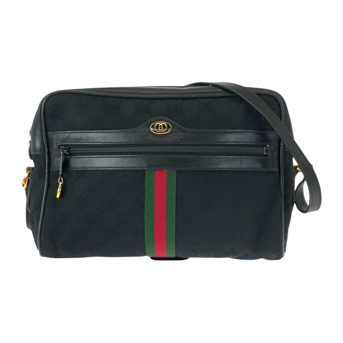 GUCCI グッチ ヴィンテージ オールドグッチ シェリーライン ブラック 黒 ゴールド金具 GGキャンバス レザー/ ショルダーバッグ ポシェット 505602 【中古】