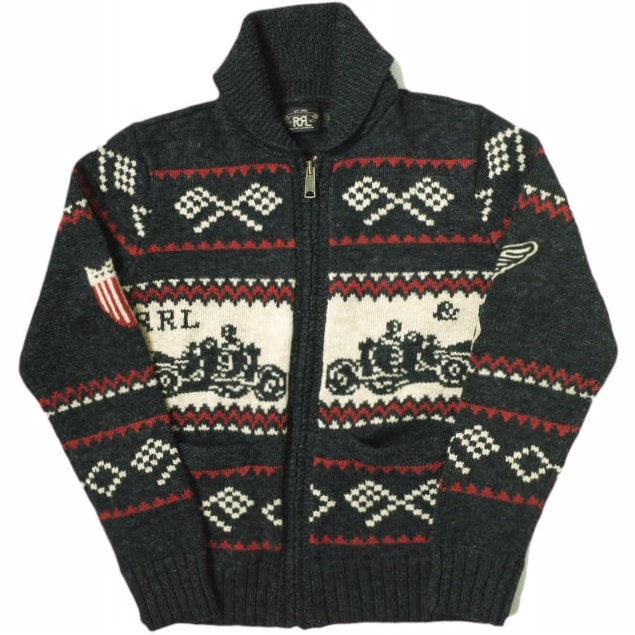 新品 RRL ダブルアールエル Car Motif Cotton Wool Zip Cardigan カーモチーフ コットンウール ジップカーディガン MNRRSWE16820146 S Black Double RL 定価225,000円 ショールカラー