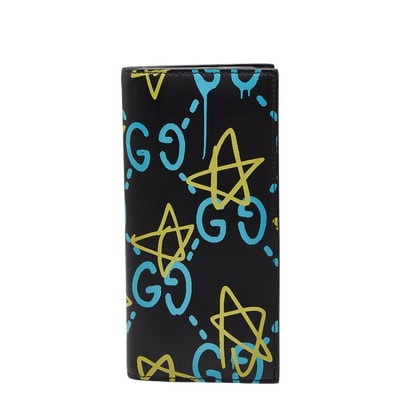 グッチ ゴースト スター プリント 長財布 448466 ブラック ブルー イエロー レザー レディース GUCCI 【中古】