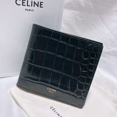CELINE Bi-Fold Wallet With Coin In Crocodile Embossed Calfskin "Black"