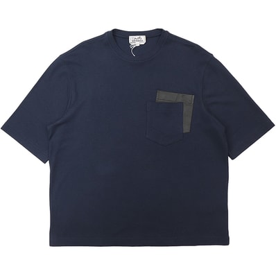【極美品】HERMES エルメス Tシャツ サイズ M メンズ ソルド品 コットン × カシミヤ 鹿の子 ダブルポケット レザーパッチ サイドスリット プルオーバー クルーネック ショートスリーブ 半袖 トップス ネイビー 紺 イタリア製