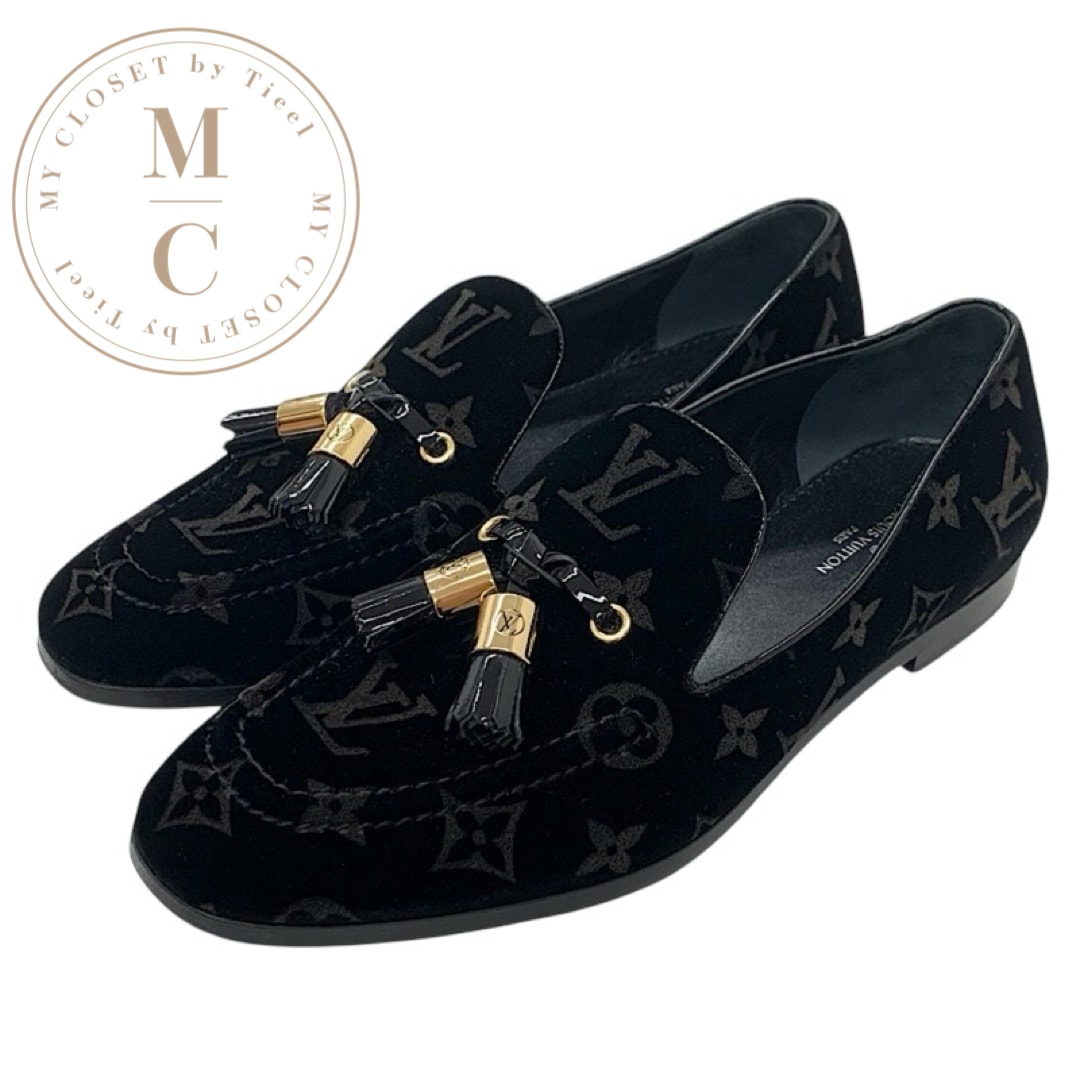 ルイヴィトン LOUIS VUITTON モノグラム フラットシューズ 靴 シューズ ベロア パテント ブラック 黒 ゴールド ローファー オペラシューズ タッセル