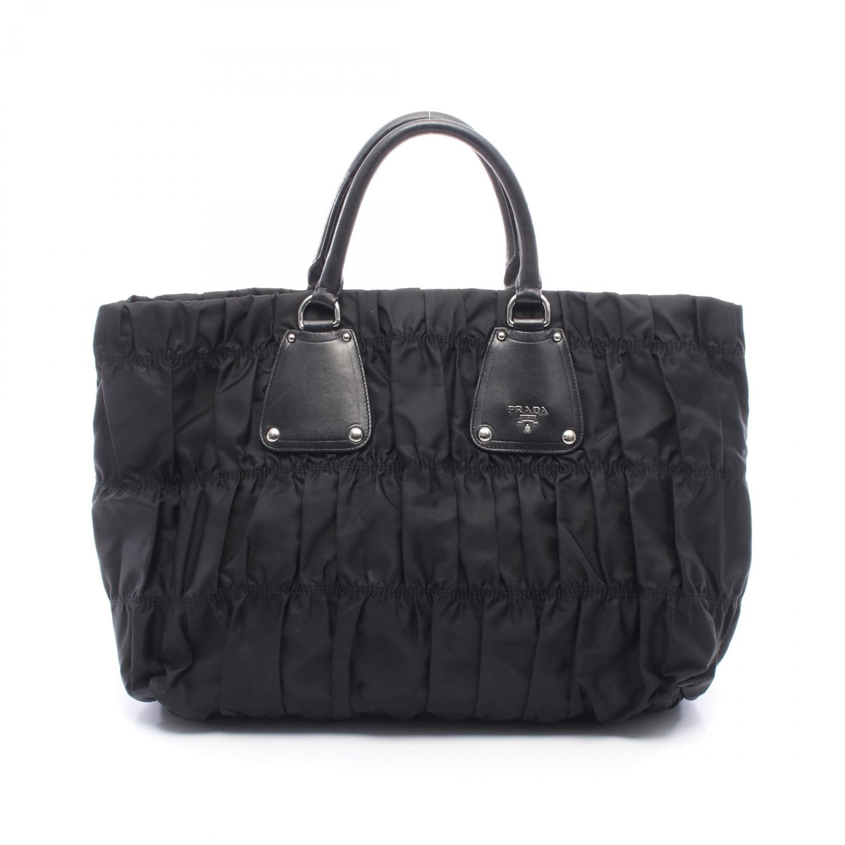 プラダ PRADA ギャザー トートバッグ バッグ ナイロン レザー レディース ブラック系 【中古】
