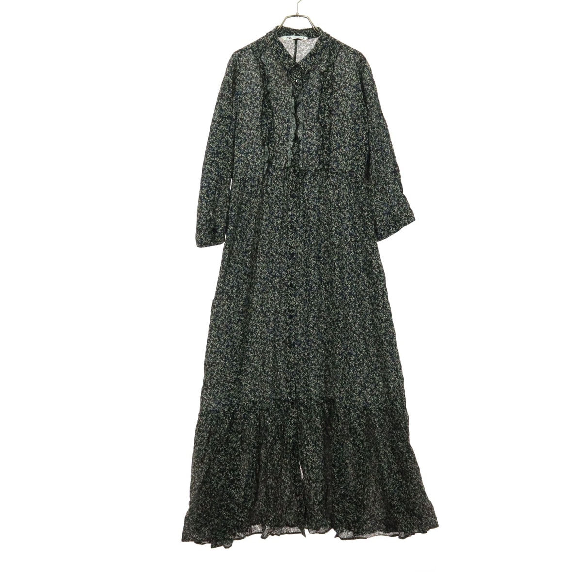 美品 ZARA ザラ リーフ柄 長袖 シャツワンピース M ブラック