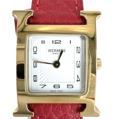 HERMES エルメス 腕時計 ドゥブルトゥール Hウォッチ 電池式 ホワイト文字盤 H WATCH HH1.201 クオーツ レザー ゴールド レッド 赤 レディース 2014年【中古品】