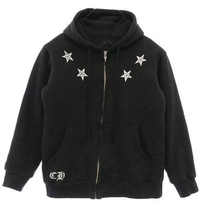 CHROME HEARTS クロムハーツ(原本無) Star Zip Hoodie スター プリント 裏サーマル ダガー ジップアップ パーカー スウェット フーディー ブラック系 M【中古】