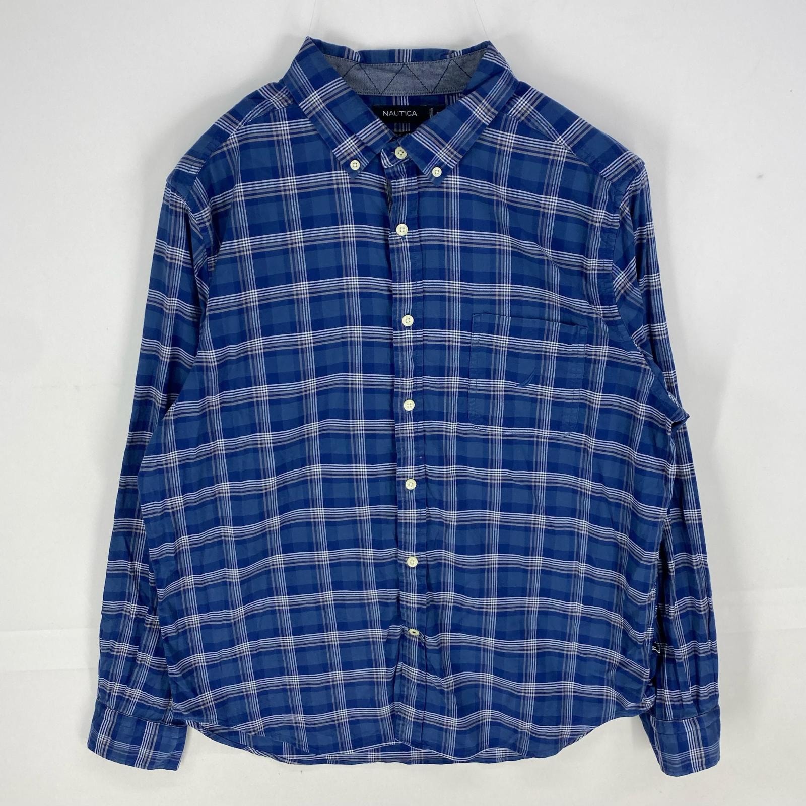 古着 ノーティカ NAUTICA 長袖シャツ ワンポイント ロゴ刺繍 ロングスリーブ 胸ポケット XL  ブルー系 チェック メンズ