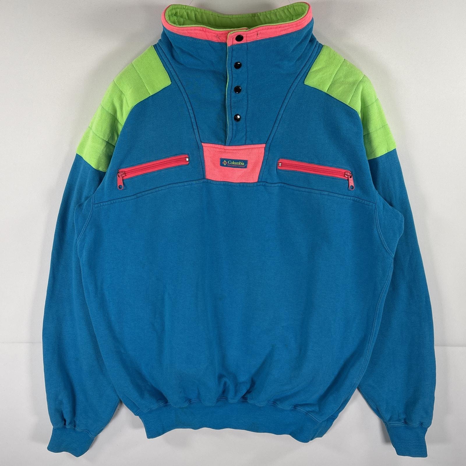 古着 90's/90年代 コロンビア Columbia スウェット ハーフ スナップボタン トレーナー ネオンカラー センターロゴ L  ブルー メンズ
