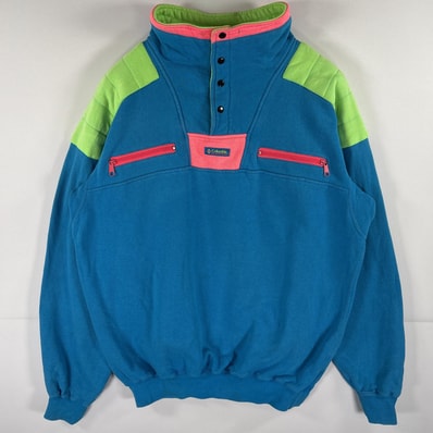 古着 90's/90年代 コロンビア Columbia スウェット ハーフ スナップボタン トレーナー ネオンカラー センターロゴ L ブルー メンズ