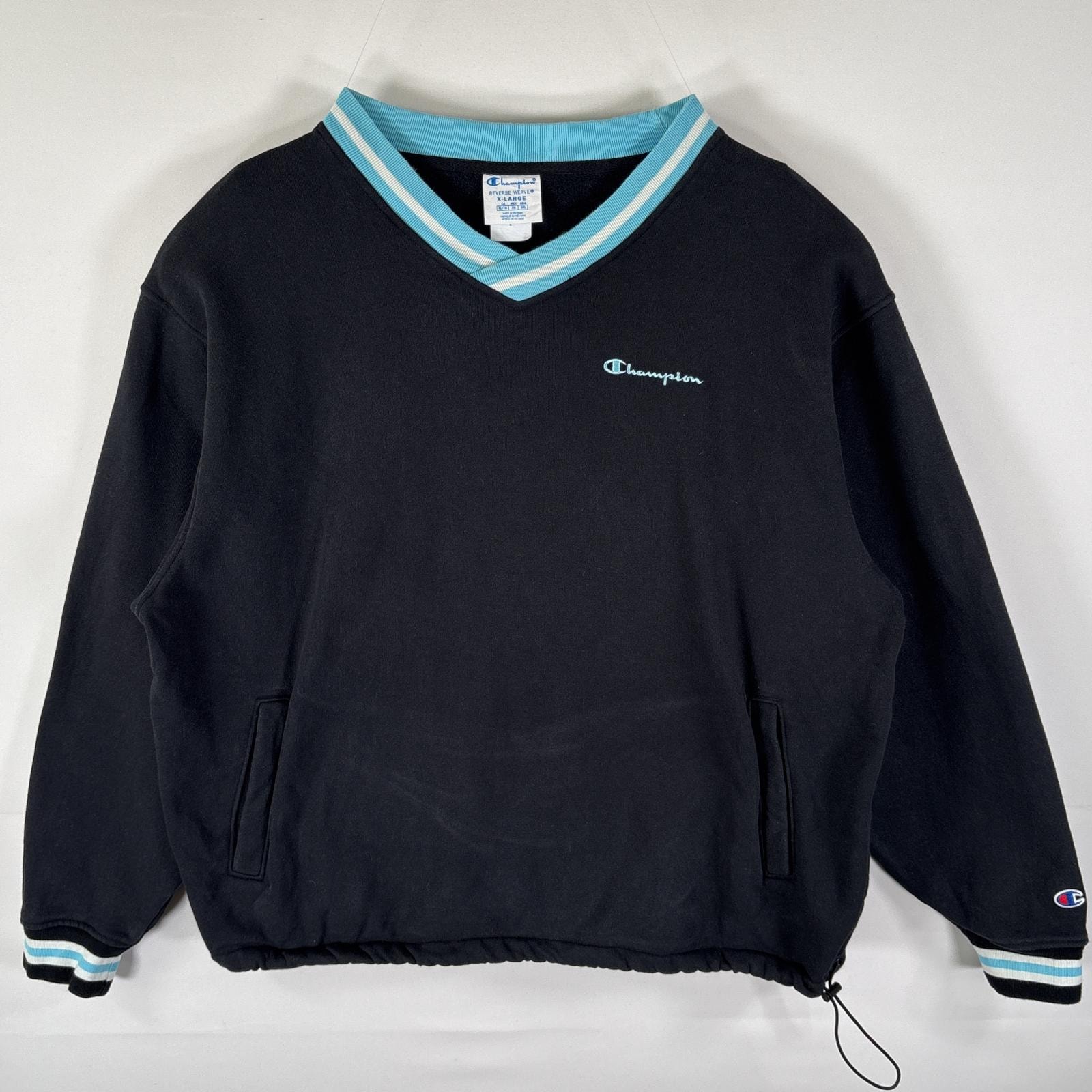 古着 チャンピオン Champion スウェット トレーナー リバースウィーブ Vネック ワンポイントロゴ刺繍 大きいサイズ XL  ブラック メンズ