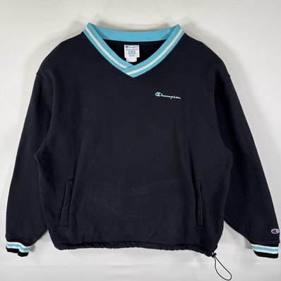 古着 チャンピオン Champion スウェット トレーナー リバースウィーブ Vネック ワンポイントロゴ刺繍 大きいサイズ XL ブラック メンズ