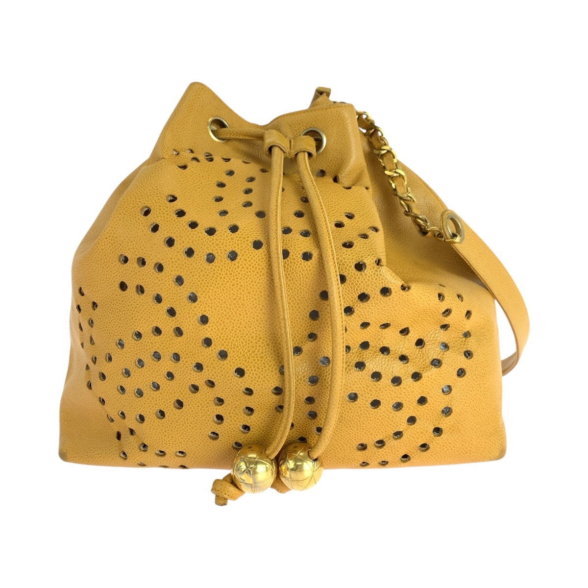 CHANEL シャネル ヴィンテージ パンチング トリプルココマーク イエロー ゴールド金具 レザー ショルダーバッグ 巾着 502769 【中古】