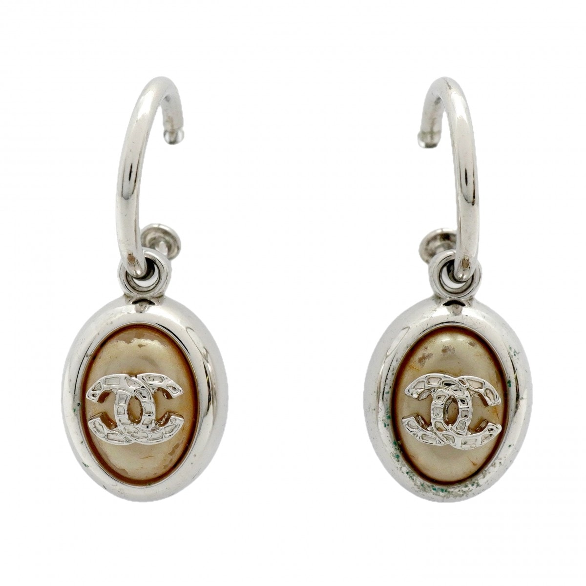 【6jdb0109-k】シャネル ピアス ココマーク オーバル メタル フェイクパール シルバー【中古】レディース