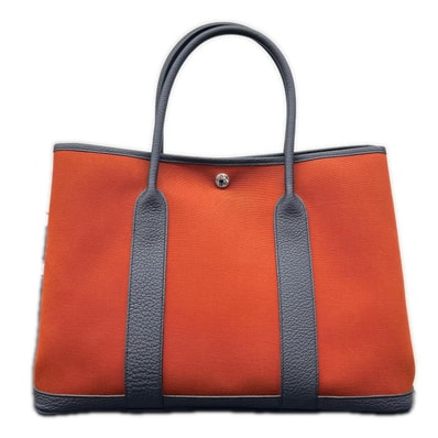 HERMES 極美品 エルメス ガーデンパーティPM トートバッグ Z刻印 2021年製造 トワルオフィシエ キャンバス レザー オレンジ ダークグレー ハンドバッグ レディース メンズ ユニセックス Aランク 中古 鑑定済 エルメスバッグ