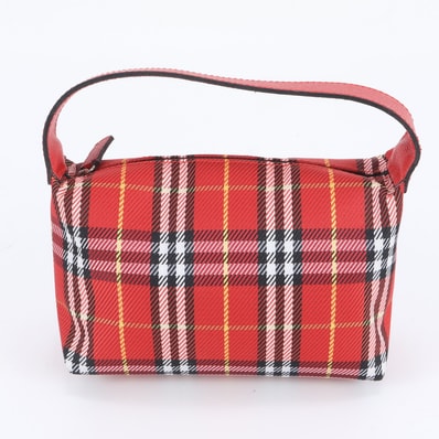 ■極美品 バーバリー チェック レッドハンドバッグ レザー×ナイロン