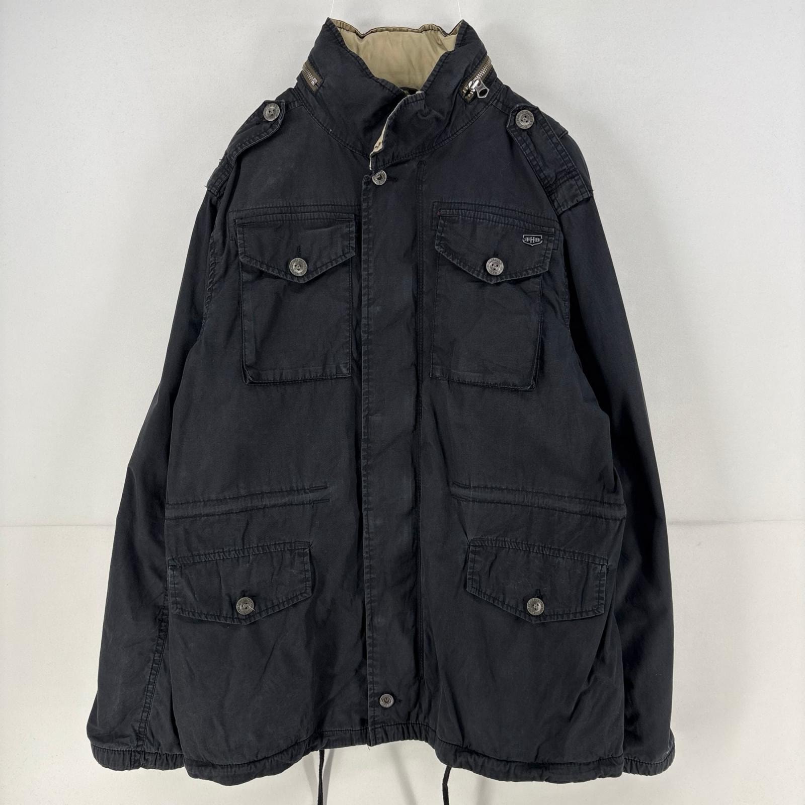 古着 トミーヒルフィガー TOMMY HILFIGER デニム ジャケット パーカー カバーオール フルジップ モッズコート XL  ブラック メンズ