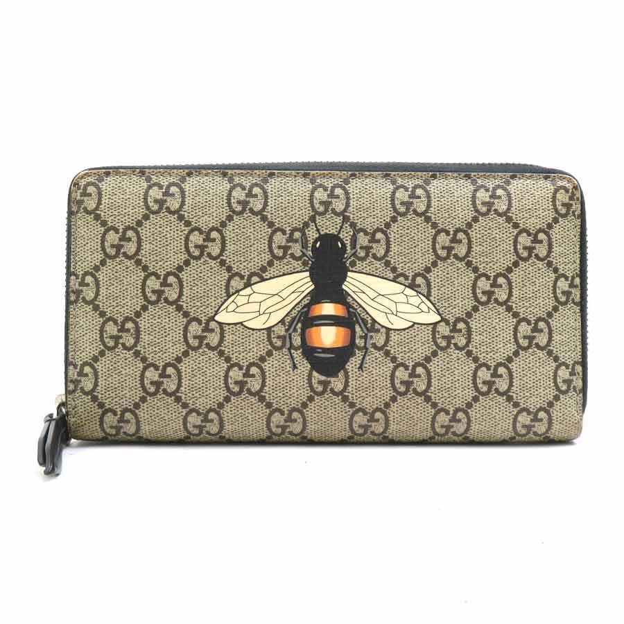 グッチ GUCCI ラウンドファスナー長財布 Bee GGスプリームキャンバス ベージュブラウン メンズ【中古】 e61807a