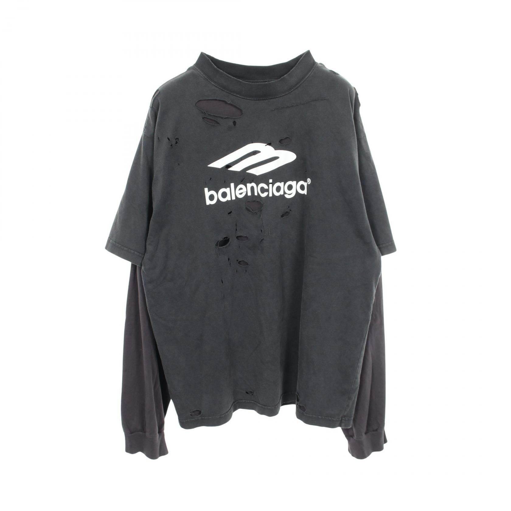 バレンシアガ BALENCIAGA デストロイ加工 レイヤードシャツ 長袖Tシャツ 衣料品 トップス コットン メンズ レディース ブラック系 【中古】