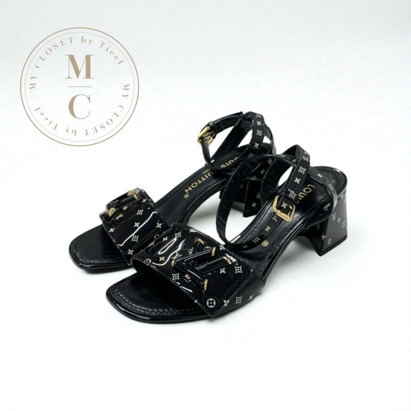 ルイヴィトン LOUIS VUITTON シェイクライン モノグラム サンダル 靴 シューズ パテント ブラック 黒 ゴールド LVロゴ