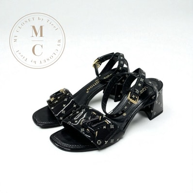 ルイヴィトン LOUIS VUITTON シェイクライン モノグラム サンダル 靴 シューズ パテント ブラック 黒 ゴールド LVロゴ