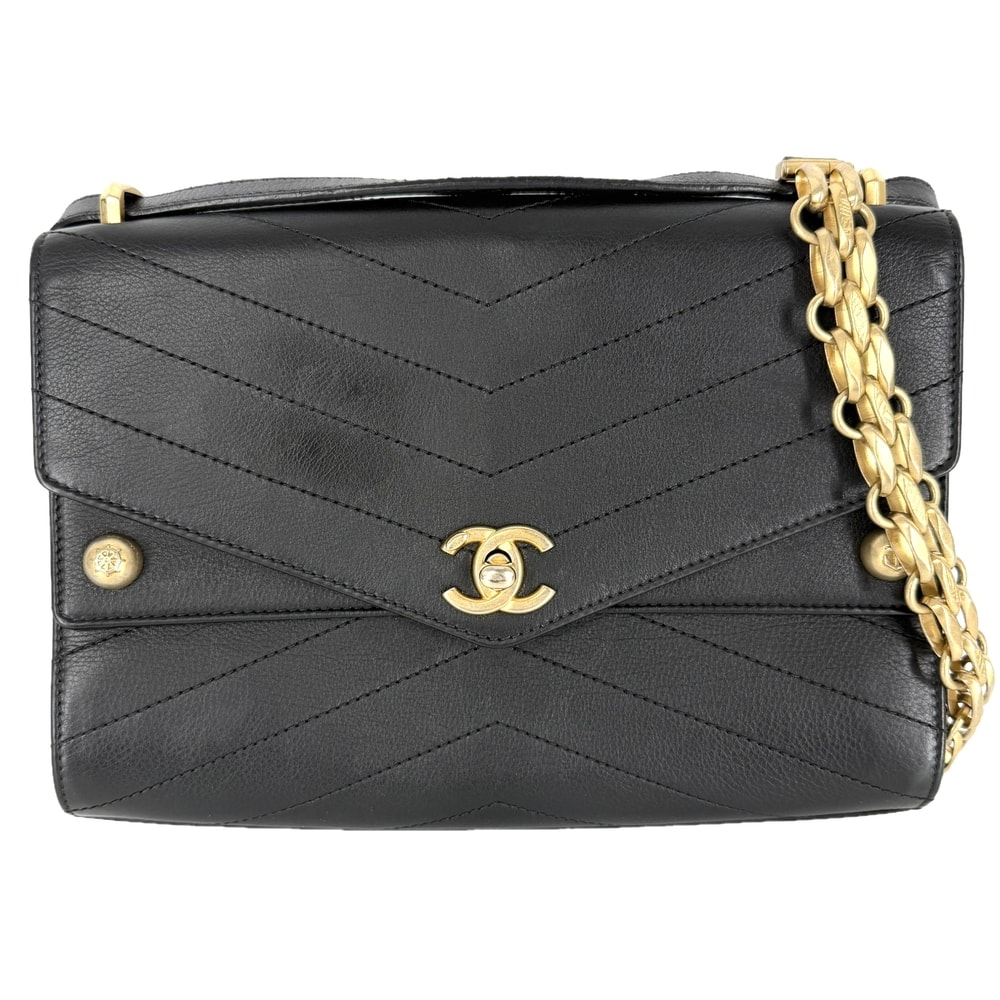 CHANEL シャネル ショルダーバッグ シェブロン チェーンショルダーバッグ ココマーク 肩掛け 斜め掛け レザー    ブラック 黒 ゴールド金具 レディース【中古品】