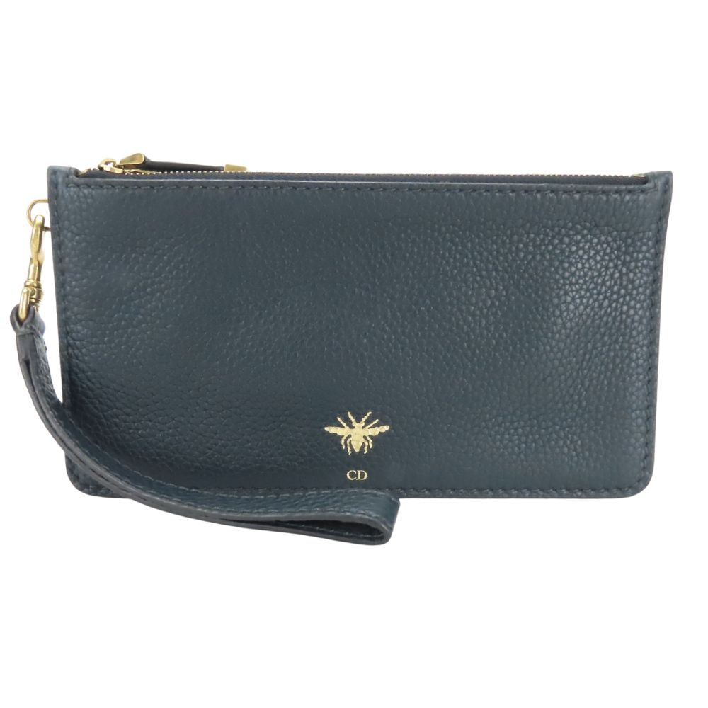【中古】 クリスチャンディオール ポーチ 蜂 レザー ネイビー系 ゴールド金具 マルチケース クラッチ レディース 女性 Christian Dior