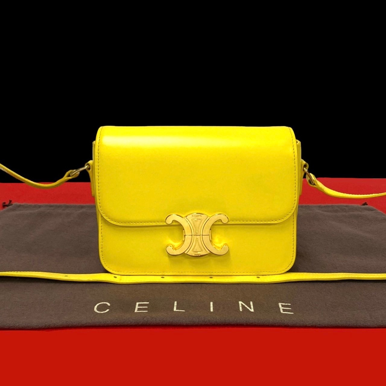 CELINE セリーヌ ティーントリオンフ トリオンフ ロゴ 金具 カーフ レザー ショルダーバッグ イエロー
 33023