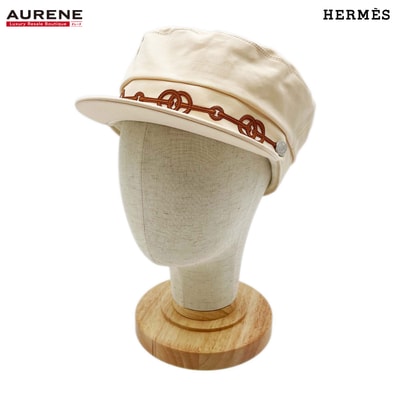 HERMES エルメス キャスケット ハット 帽子 カブール クリケティス チェーン柄 コットン レザー 58 ベージュ ユニセックス 【中古】