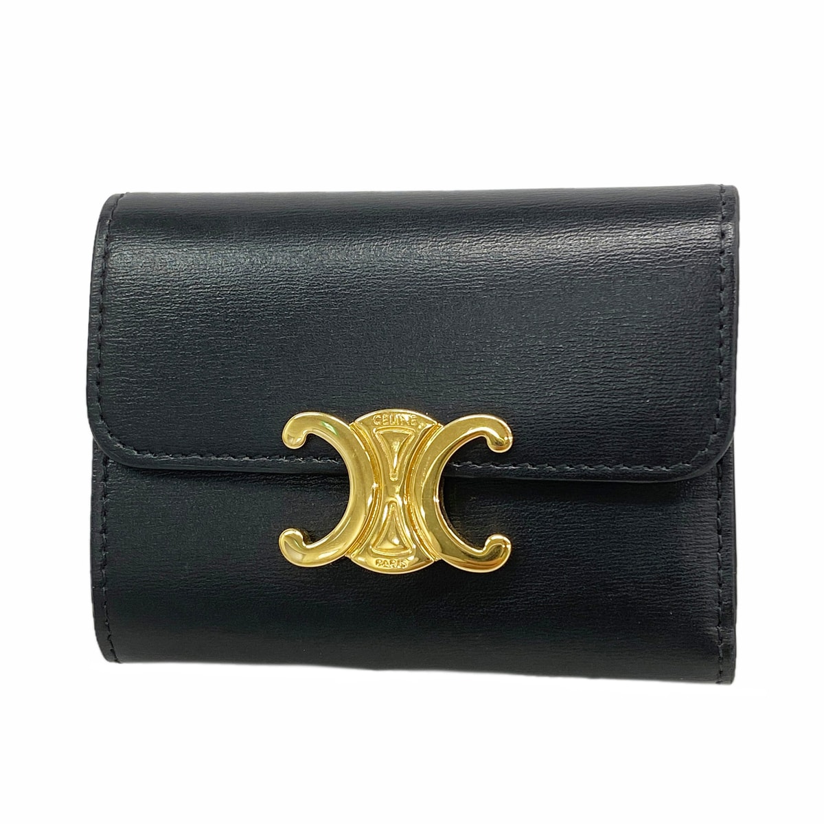 【6hc2481】セリーヌ 三つ折り財布 トリオンフ レザー ブラック ゴールド金具【中古】レディース