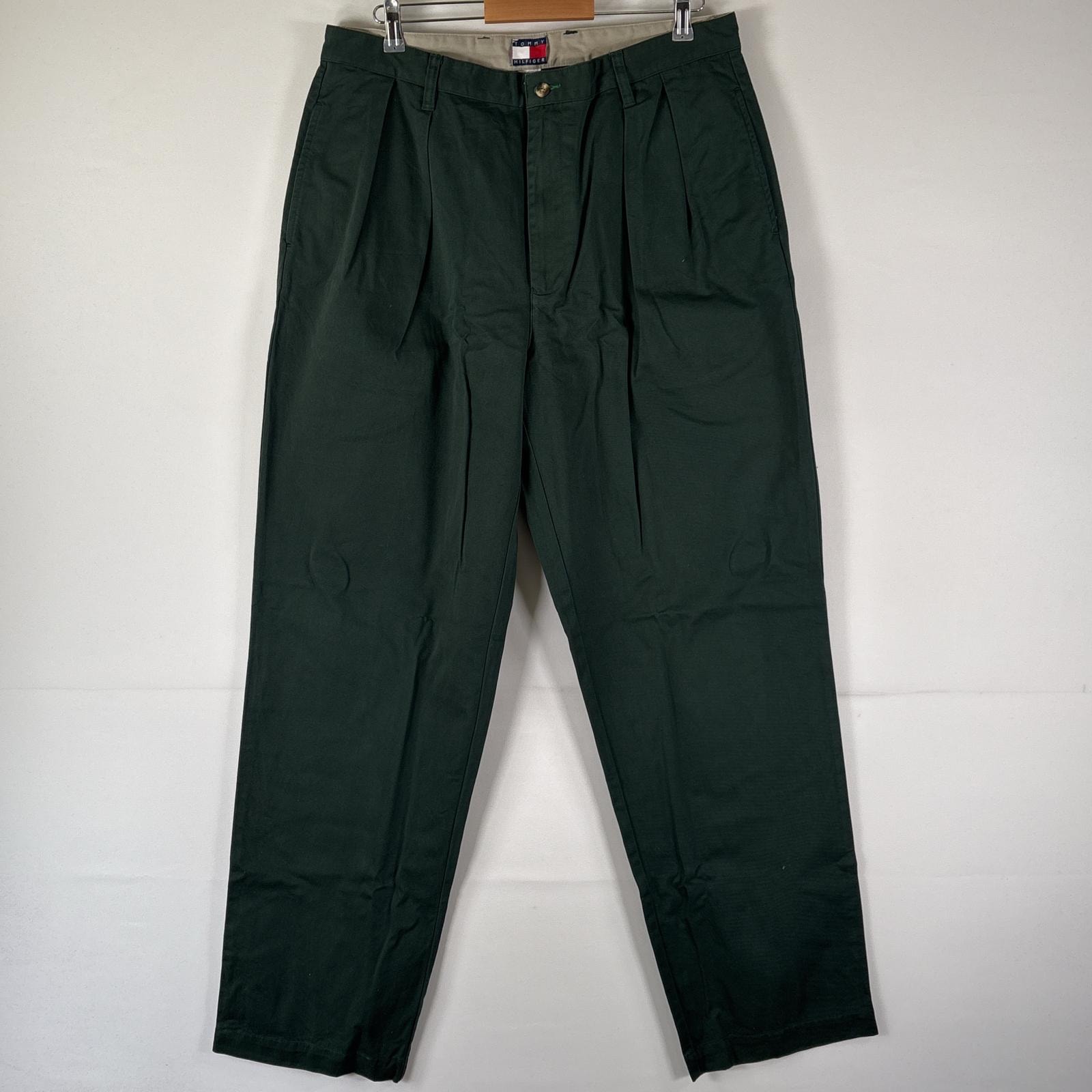 古着 90's/90年代 トミーヒルフィガー TOMMY HILFIGER チノパンツ 長ズボン ボトムス 大きいサイズ ワンポイントロゴ w38 L35 グリーン メンズ
