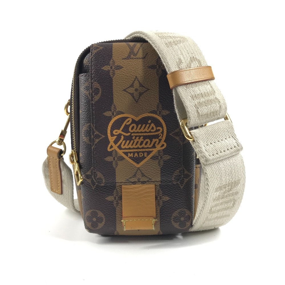 ルイヴィトン LOUIS VUITTON ダブルフォンポーチ M81005 モノグラムストライプ NIGOコラボ 斜め掛け カバン ポシェット ショルダーバッグ モノグラムキャンバス ブラウン 美品