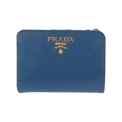 美品 PRADA プラダ ブルー ゴールド金具 レザー 折財布 コンパクトウォレット 男女兼用 600047 【中古】
