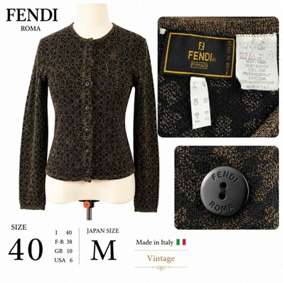80-90s/希少vintage★FENDI MAGLIA/フェンディ★ニットカーディガン【40/レディースM相当/レオパード×FFズッカ柄/茶/BROWN】イタリア製/Tops/sweater/Shirts◆SBH909